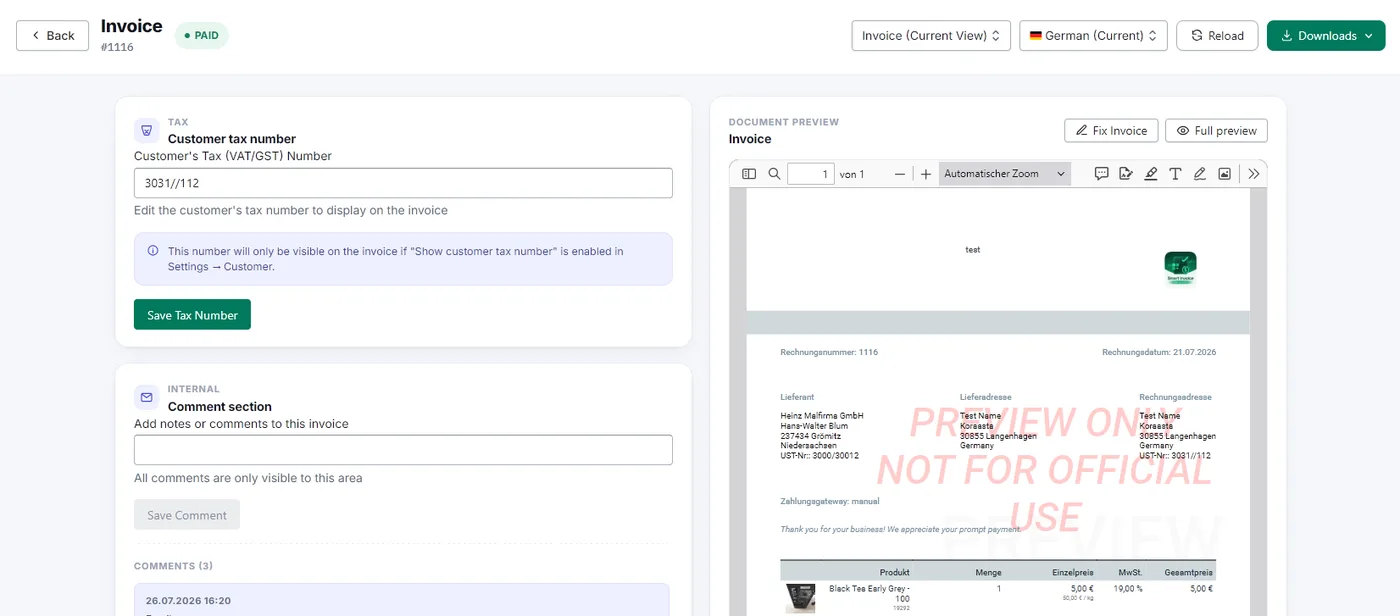 Tax card and internal comments on the Invoice Detail screen