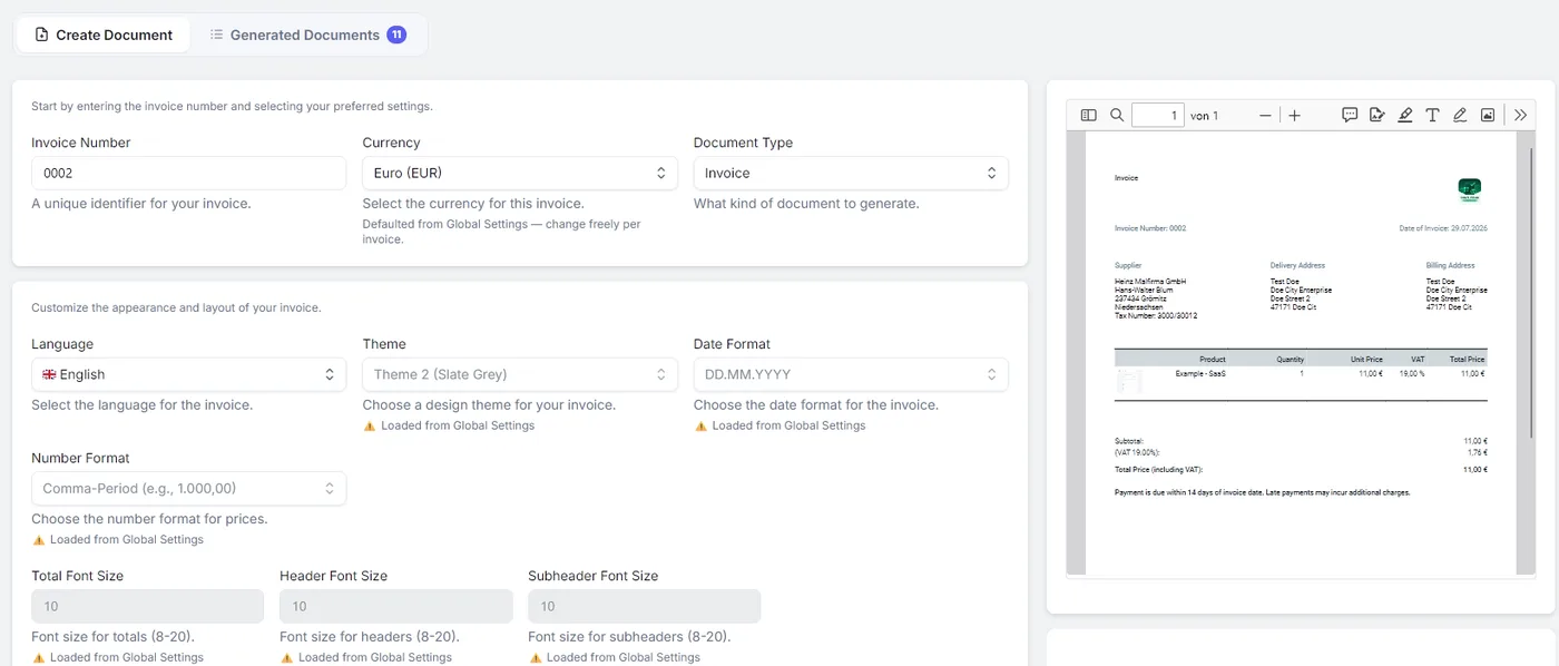 Create Document tab with invoice details, design and live preview