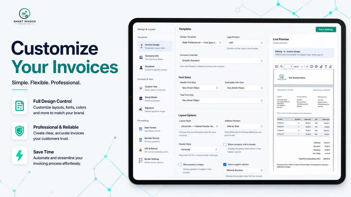 Settings & Design mit Vorlage, Layout und Live-Vorschau