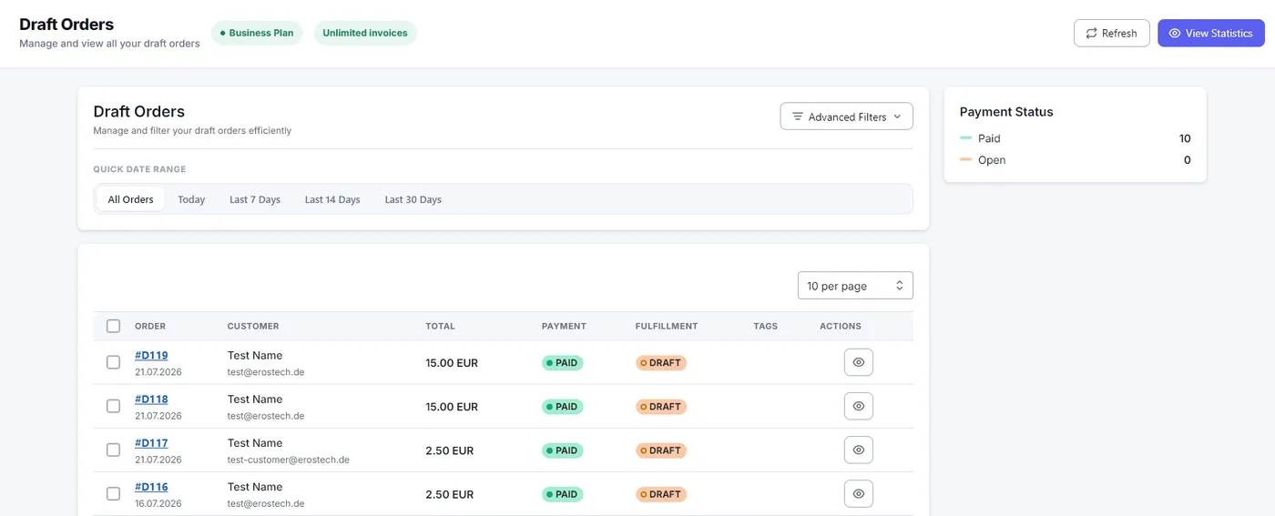 Draft Orders screen with filters, draft table and payment status panel