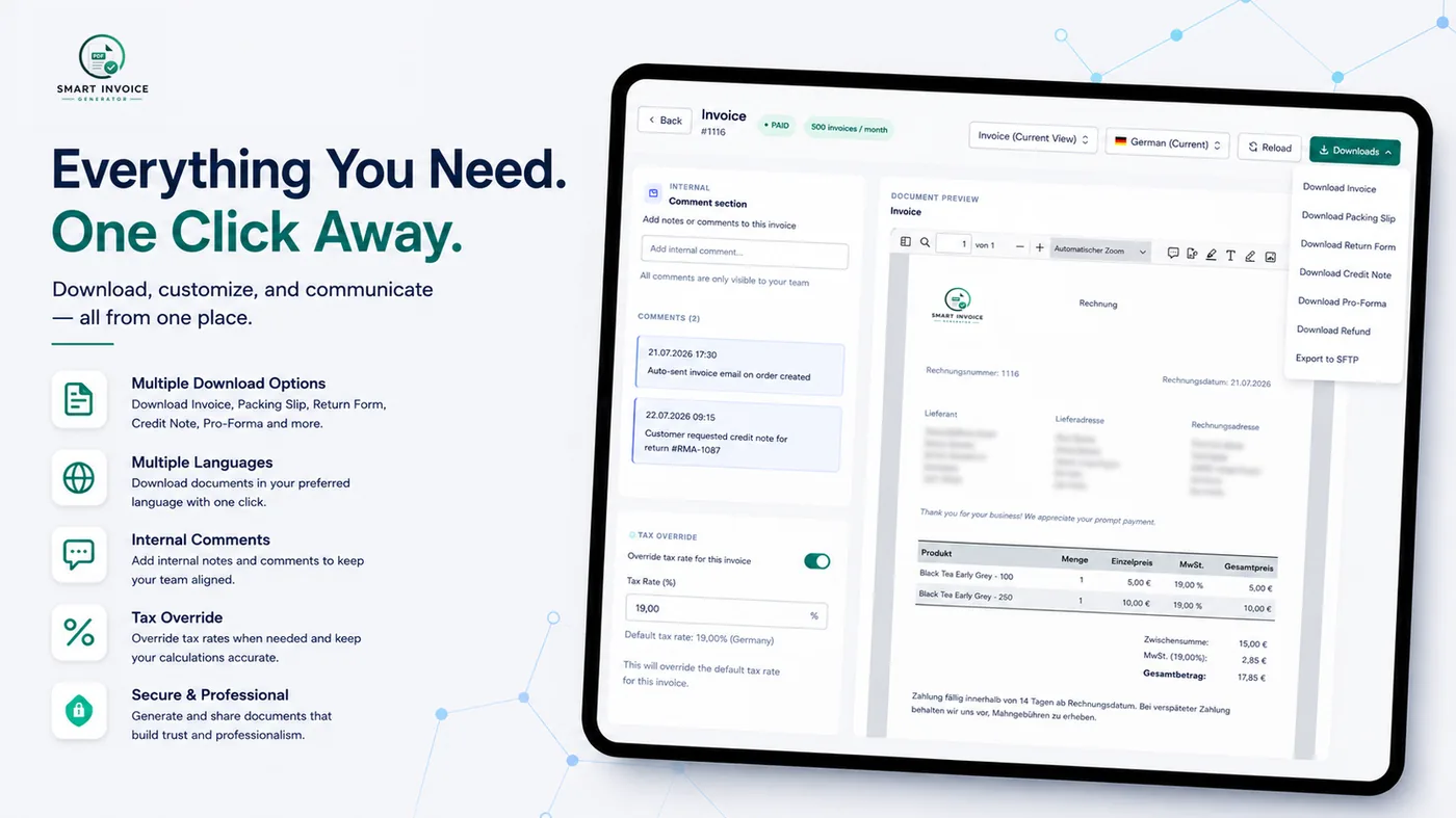 Invoice-Detail-Ansicht mit Dokumentvorschau, Kommentaren und Tax Override