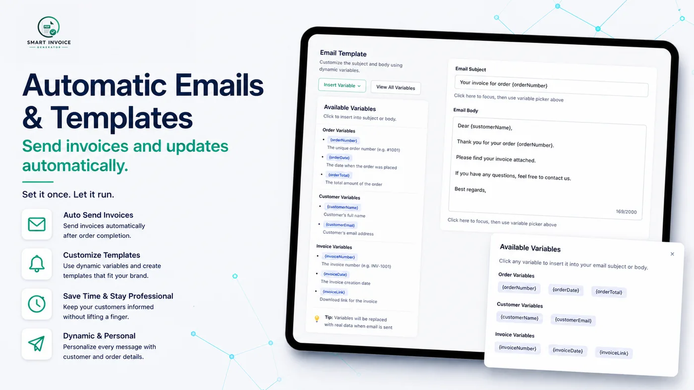 E-Mail-Vorlage mit Betreff, Text und Variablen-Auswahl