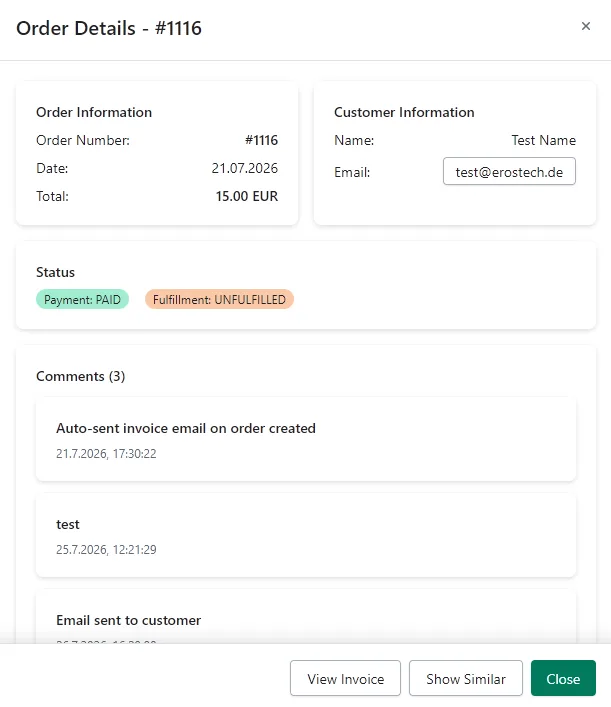 Order details modal with customer info, status and comments