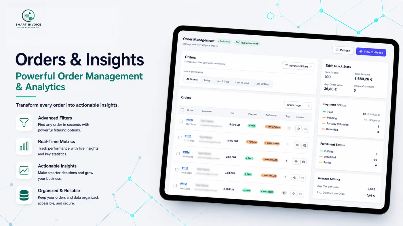 Smart Invoice Generator – Orders & Insights Ansicht