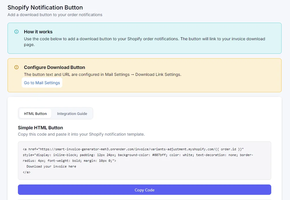 Shopify Notification Button HTML code, ready to paste into a notification template